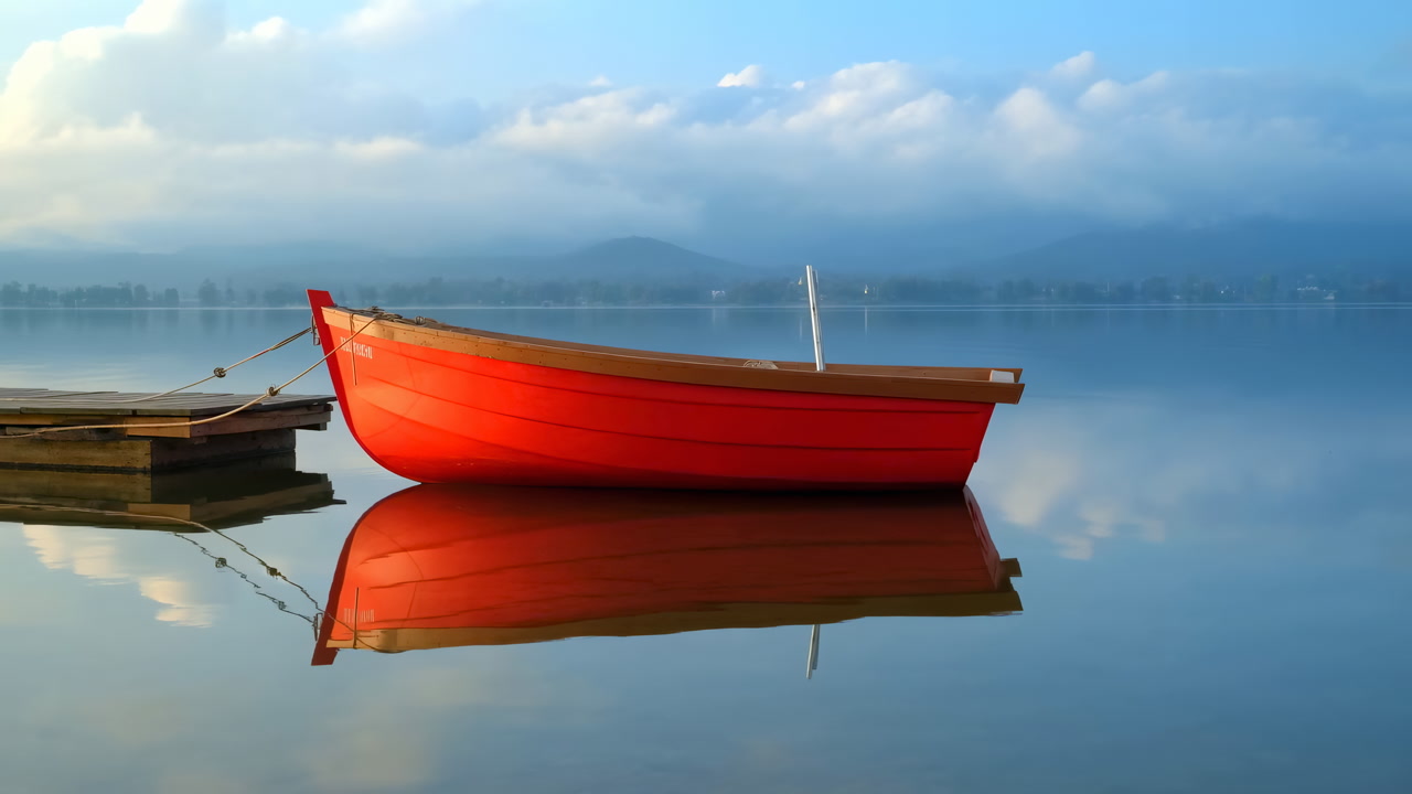 Red Boat Moored By Dock Morning Vivid Reflection On Still Water, Misty Mountain Backdrop, Cinematic Color