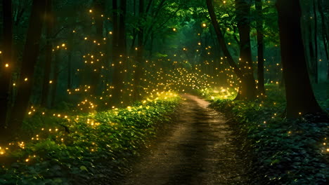 a serene forest path illuminated by soft lights