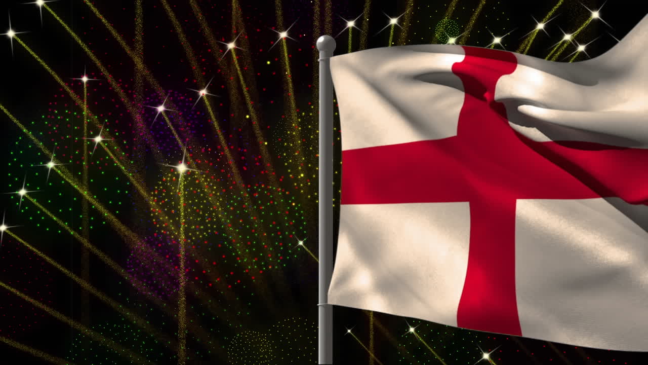 검은색 바탕에 불꽃놀이 위에 있는 잉글랜드 국기의 애니메이션