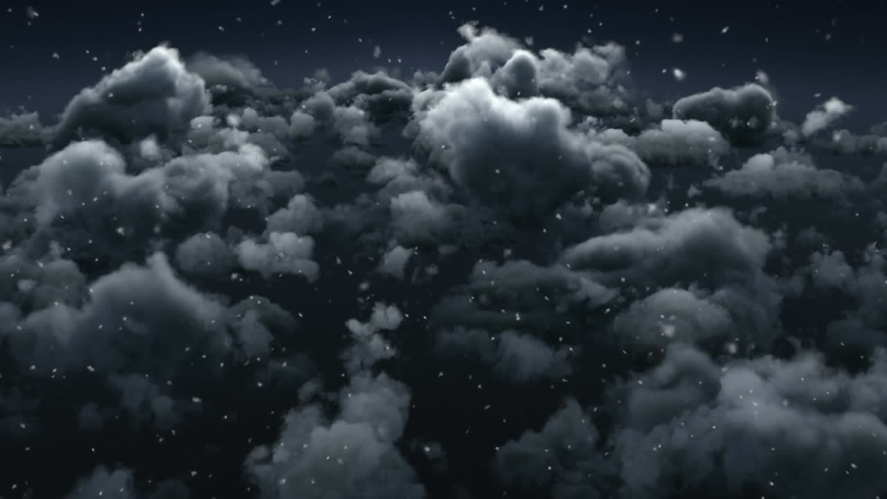 하늘의 회색 구름에 맞서 떨어지는 눈의 디지털 애니메이션