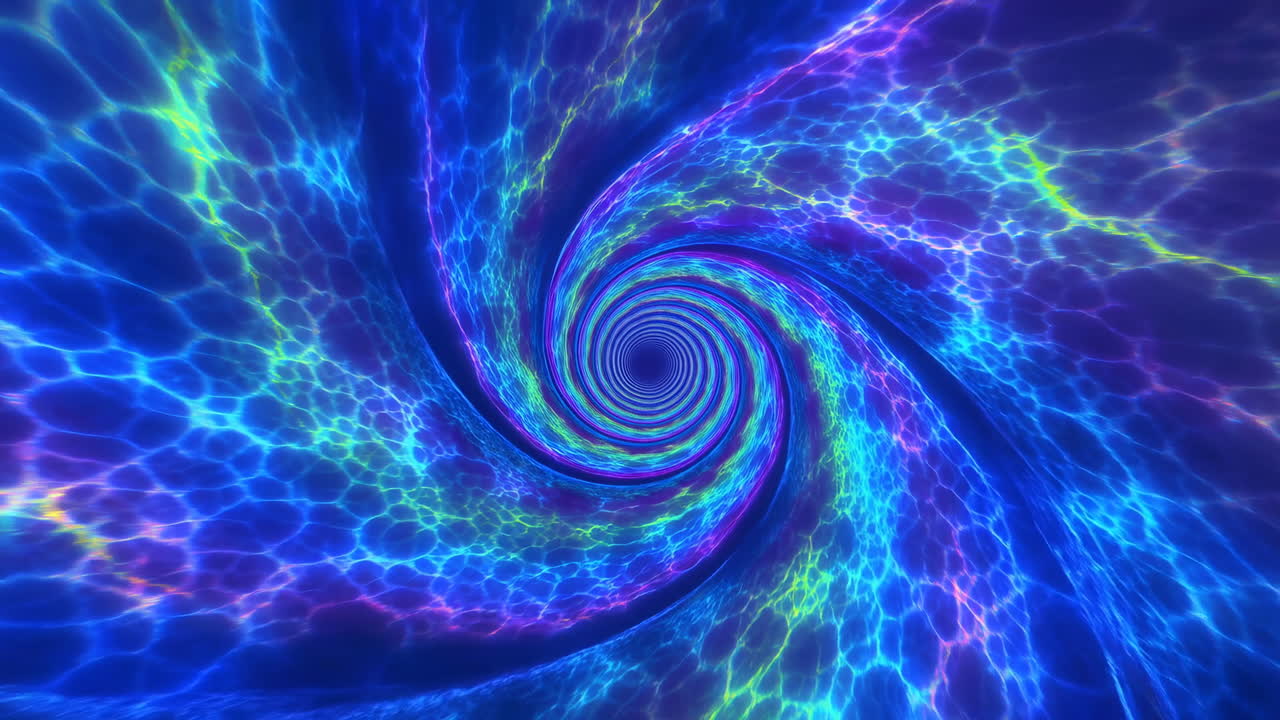 Neon Spiral Vortex With Waterlike Motion, Hypnotic Blue Green Purple Luminosity, Rippling Fluid Patterns Form