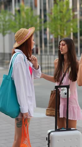 two women traveling in city