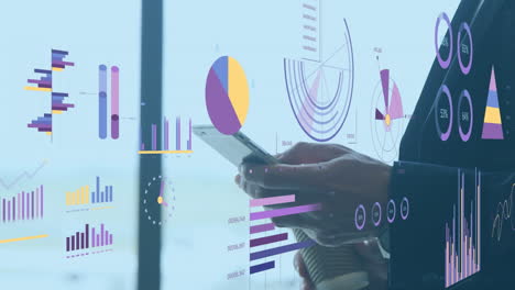 animation of graphs, loading circles and changing numbers, caucasian man using smartphone