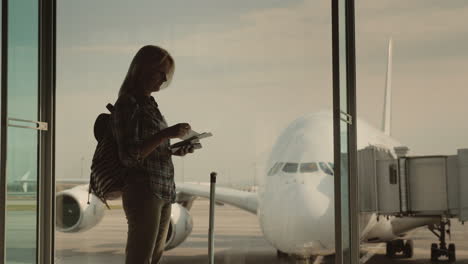 silueta de una mujer con documentos de embarque de pie en la ventana de la terminal fuera de la ventana ab