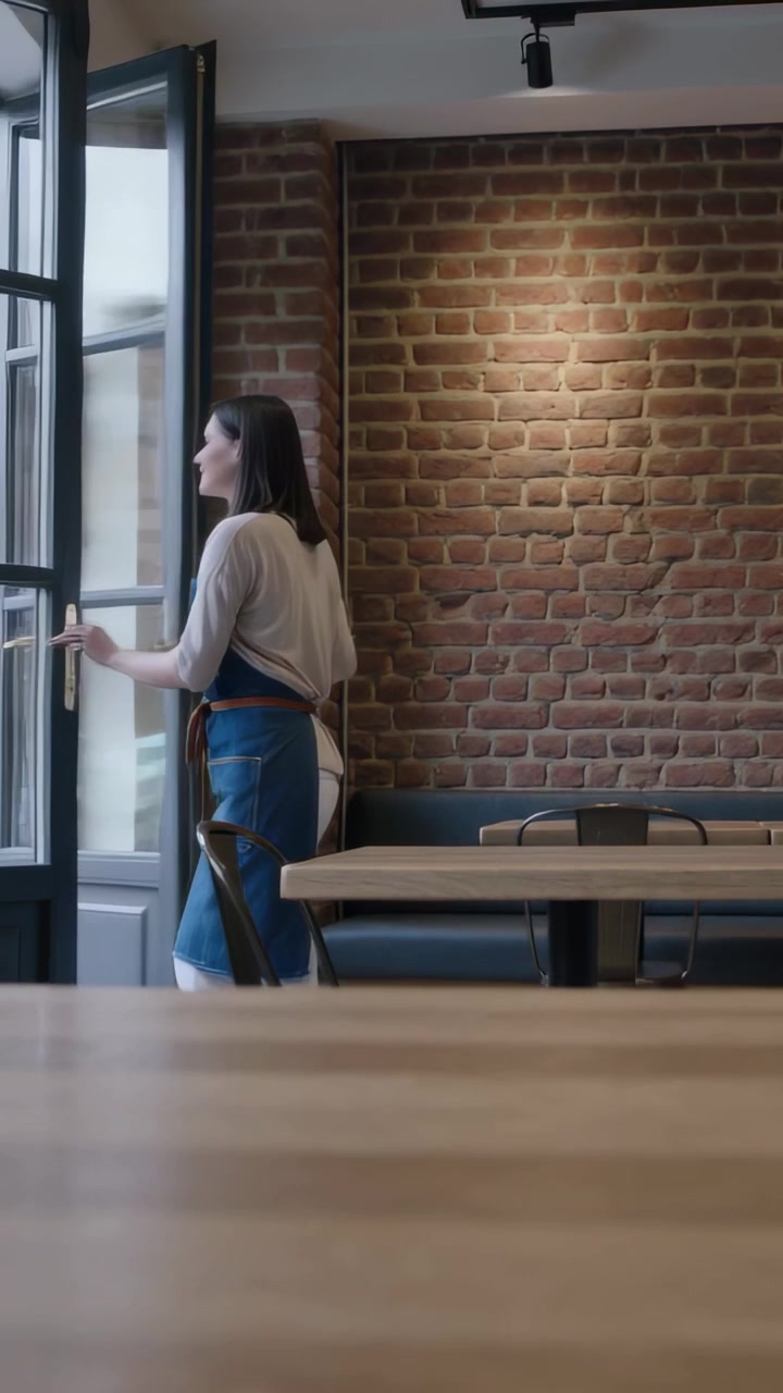 Video verticale: Mano che afferra maniglia in ottone, personale del caffè con grembiule blu che apre la porta per guardare fuori