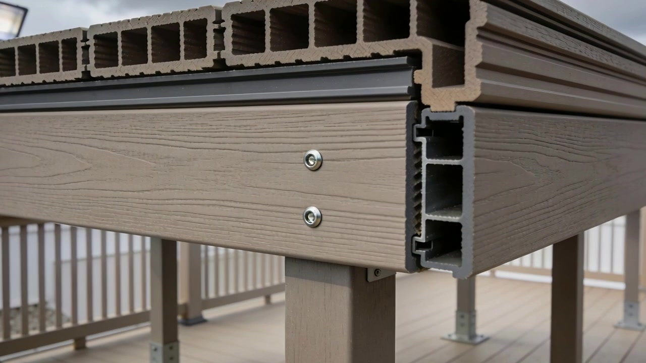 Panoramica della fotocamera che rivela l'estremità tagliata di un decking composito all'aperto per una dimostrazione, mostrando viti e guarnizione