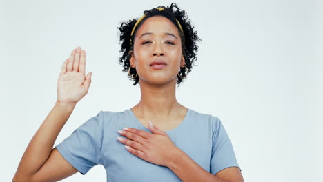 Palm,-chest-and-hand-by-woman-face-in-studio