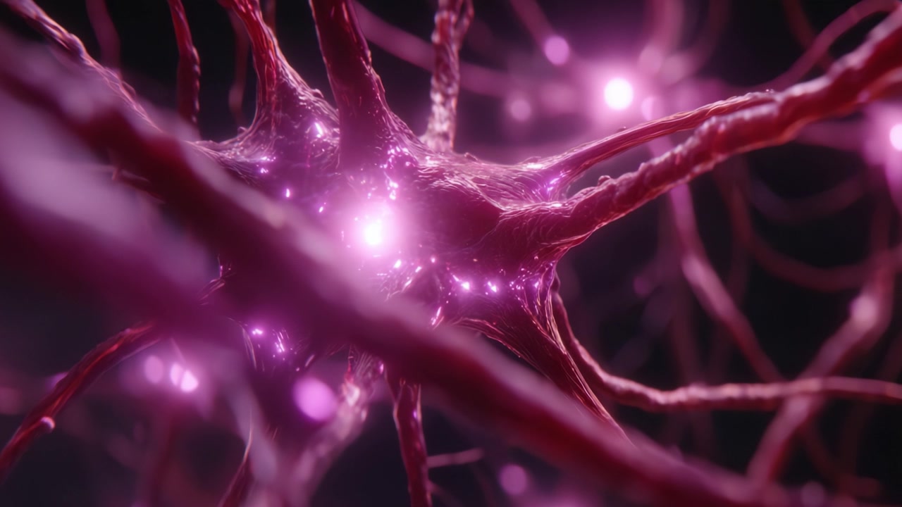 Detailed microscopic view of synaptic connections, showcasing intricate neuron designs and vibrant glowing particles, demonstrating the complexity of neural networks.