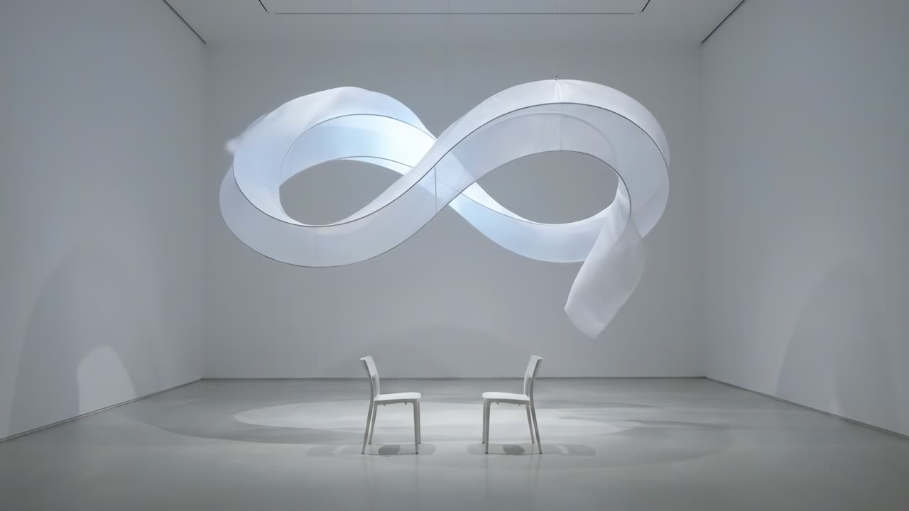 Abstract Infinity Sculpture with Chairs in a Modern Art Gallery
