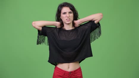 young beautiful woman having neck pain