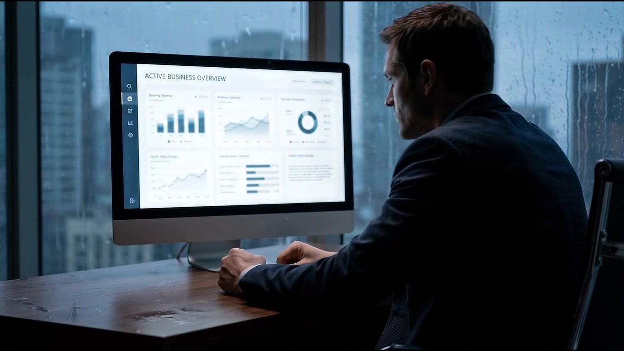 Stressed Businessman Working Late in Office with Data Dashboard