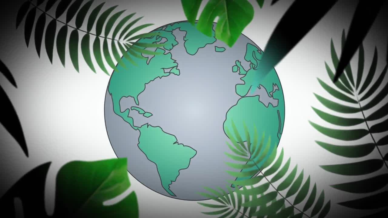 Animation of globe and leaves on white background