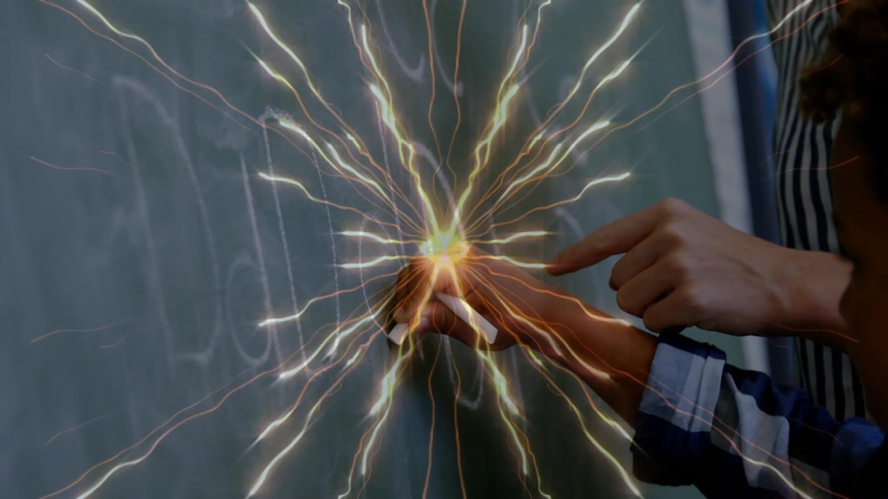 Student touching chalk on board and teacher guiding finger as green burst expanding for education