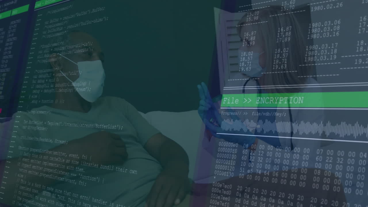 Patient lying in hospital bed wearing mask while doctor examining with stethoscope and code overlay
