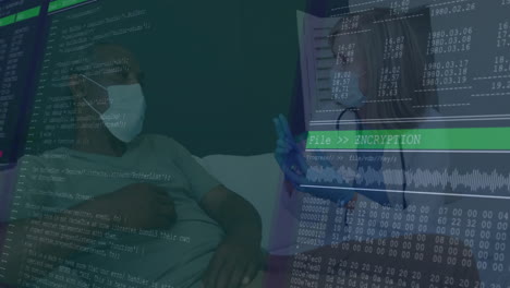 patient lying in hospital bed wearing mask while doctor examining with stethoscope and code overlay