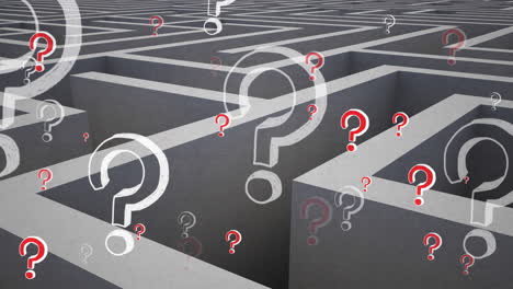 animación de signos de interrogación blancos y rojos moviéndose sobre el laberinto gris