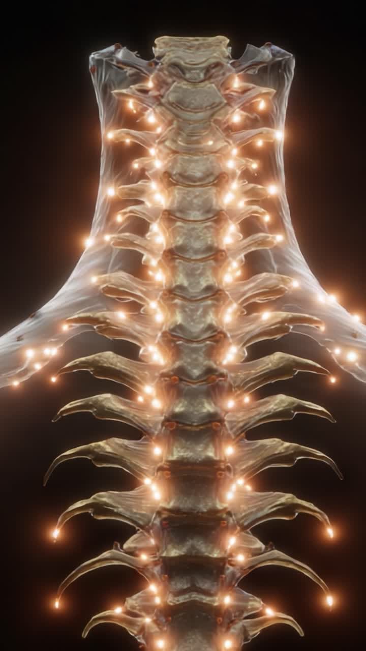 Uma Visualização Luminosa da Coluna Vertebral Humana: Representação Artística com Elementos Iluminados para Realçar a Complexa Anatomia da Coluna.