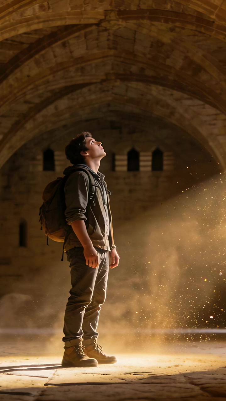 Vertical video: Standing male hiker in hoodie and pack gazing as sunlight growing in vaulted hall
