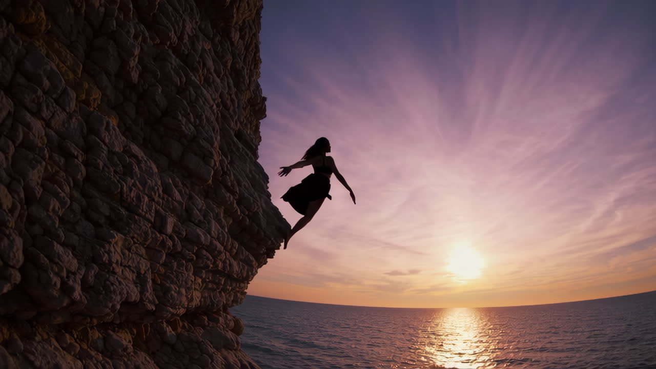 Woman standing on a cliff at sunset