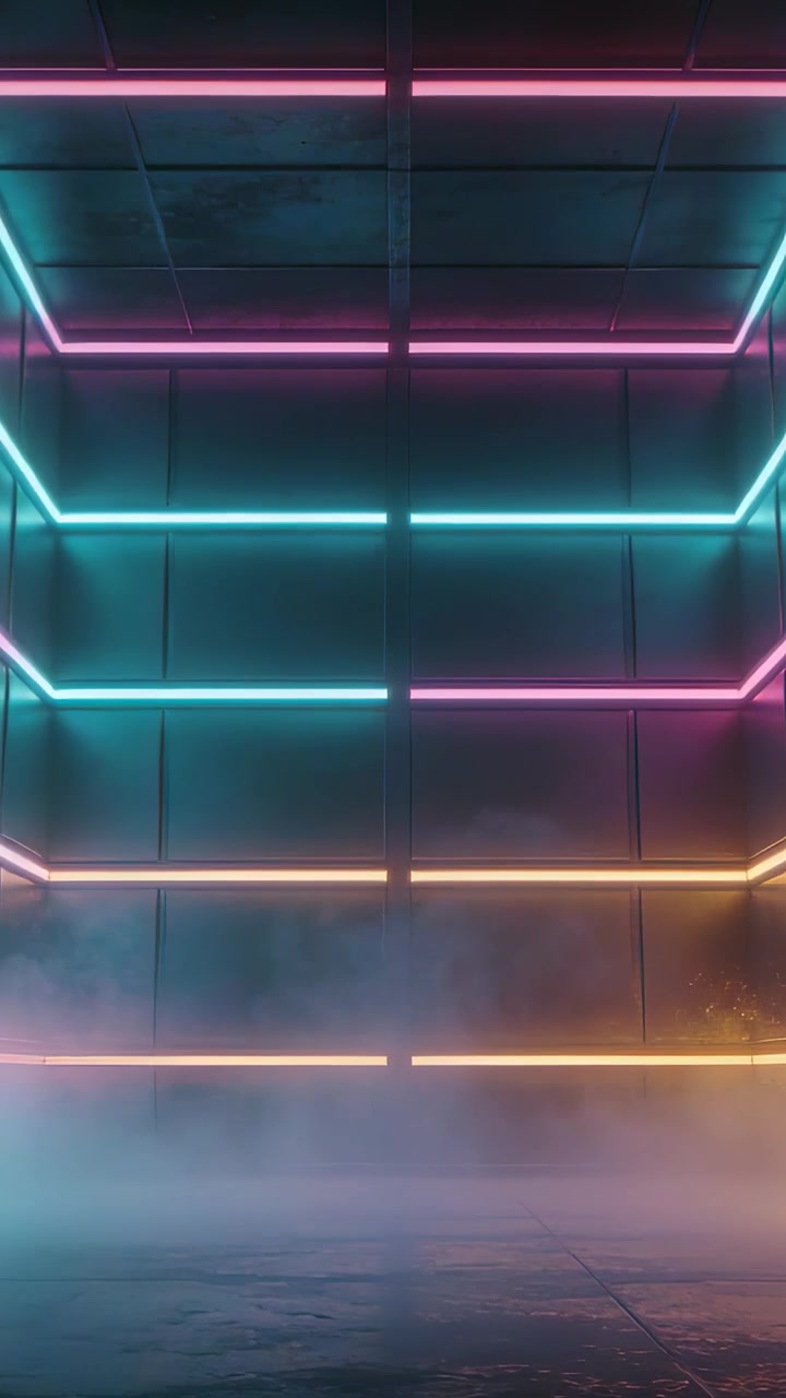 Vertical video: Light cue driving 3-row neon strips shifting hue in studio with fog sparks for mood