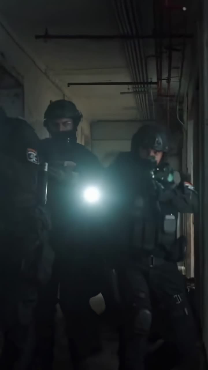 Armed Tactical Unit Advancing Through a Dimly Lit Building