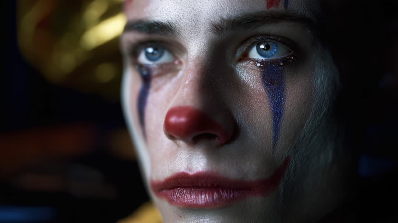 A captivating close-up of a clown's face, showcasing intricate makeup details, emotional expression, and the duality of amusement and melancholy in a vivid scene