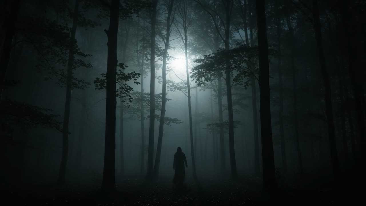A solitary figure stands amidst a hauntingly beautiful fog enveloped forest, with rays of moonlight filtering through dense trees creating an eerie atmosphere