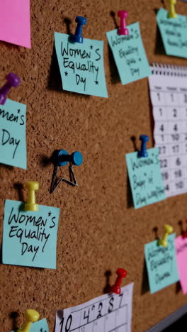 cork board with women's equality day reminders and calendar