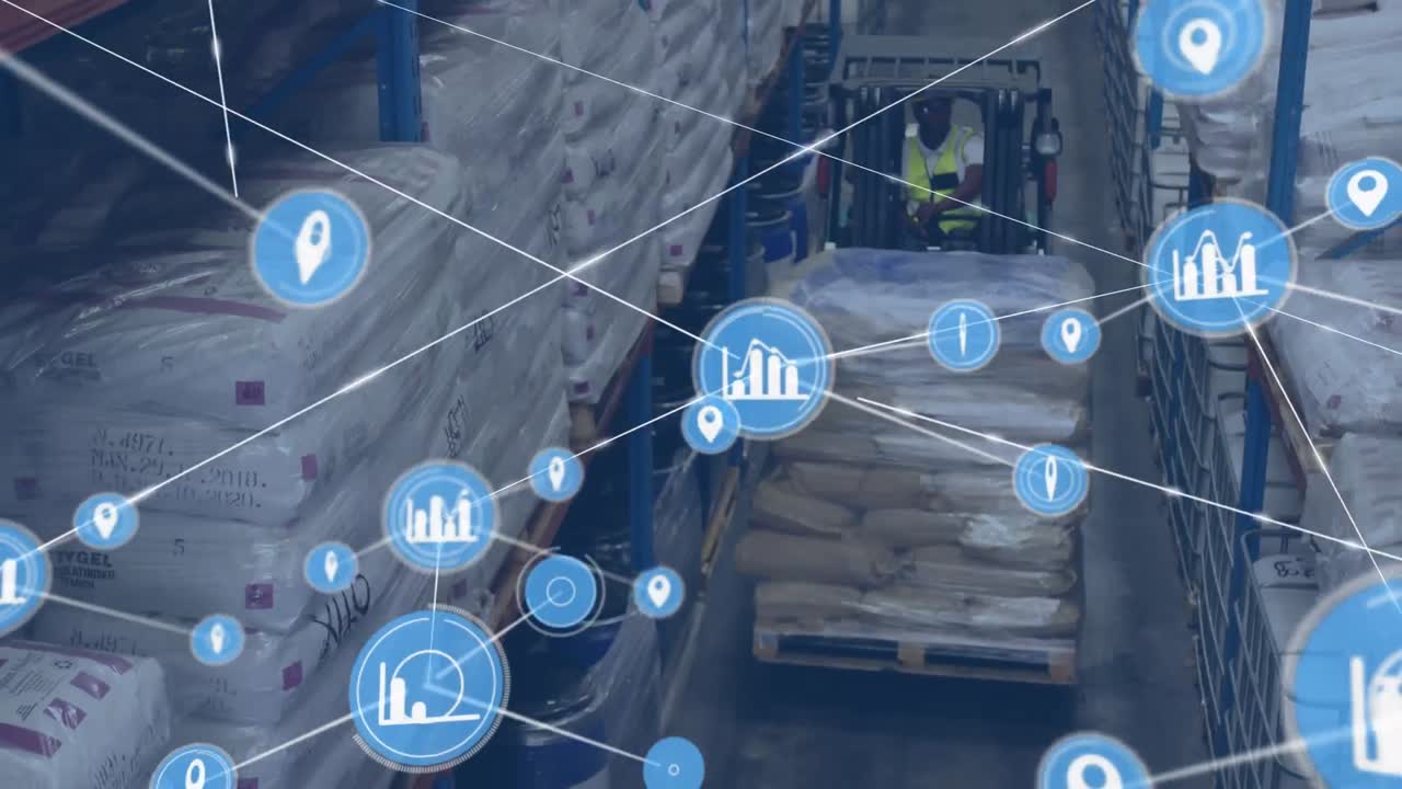 아이콘과 배달 드론으로 창고를 연결하는 네트워크의 애니메이션