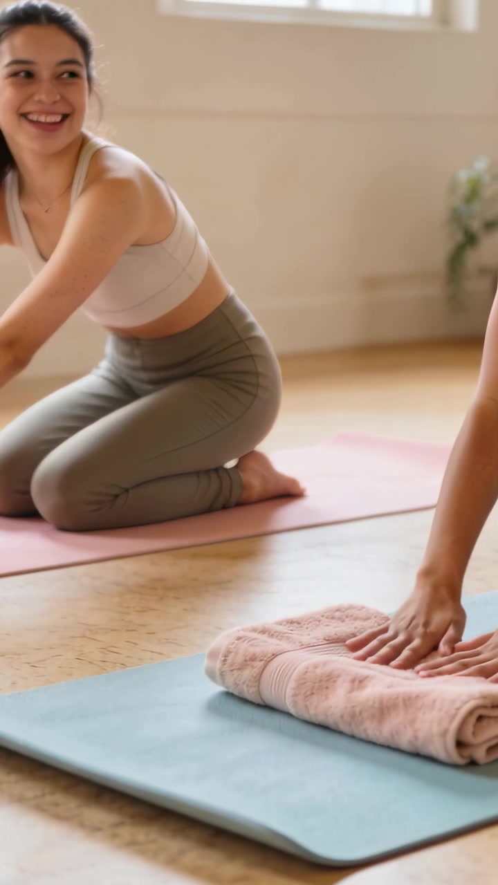 Video verticale: Posizionando un asciugamano, due donne in abbigliamento sportivo inginocchiate su tappetini in studio che iniziano lo stretching