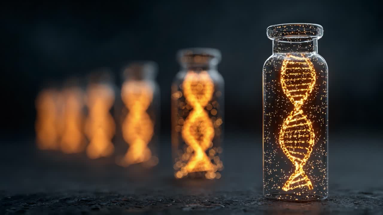 Eliche di DNA illuminate racchiuse in fiale trasparenti, che creano una visione straordinaria di strutture genetiche su uno sfondo scuro.