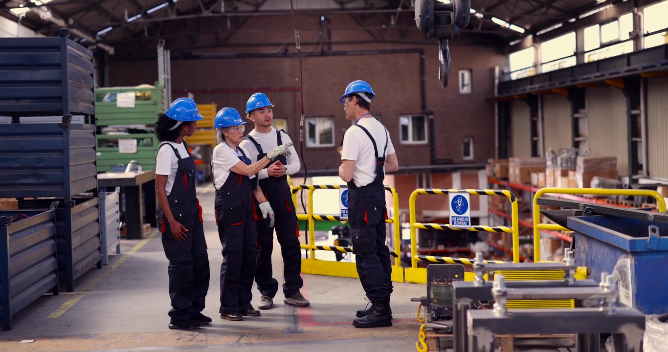 Equipo diverso de trabajadores industriales discutiendo un proyecto en una fábrica