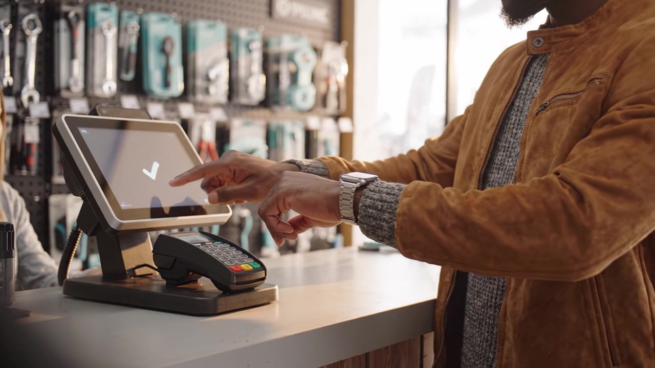 Customer Interacting with Modern Payment Terminal in Retail Store with Checkout Displaying Confirmation After Transaction, Showcasing Convenience and Technology