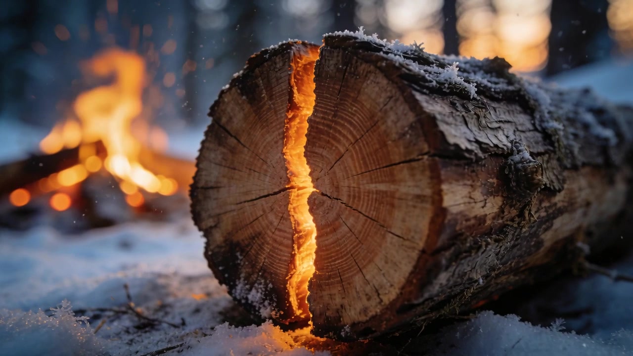 Glødende kløvet træstamme udsender gløder og smelter sne fra et bål bagved på en skovlysning i skumringen