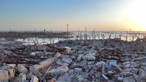 slow pan shot capturing once-thriving argentine spa town of villa epecuen, flood wiped out the town with broken ruins and fragments of houses, sunset view