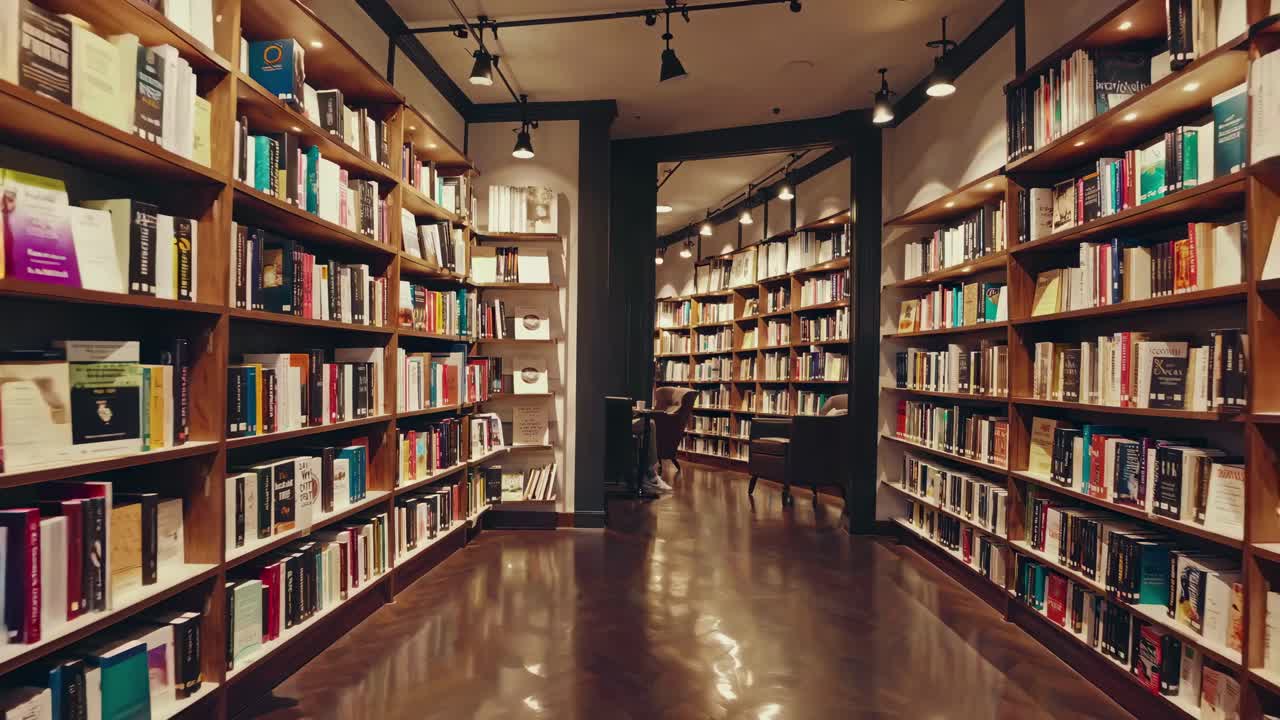 Cozy library interior with warm lighting, captured from a low-angle