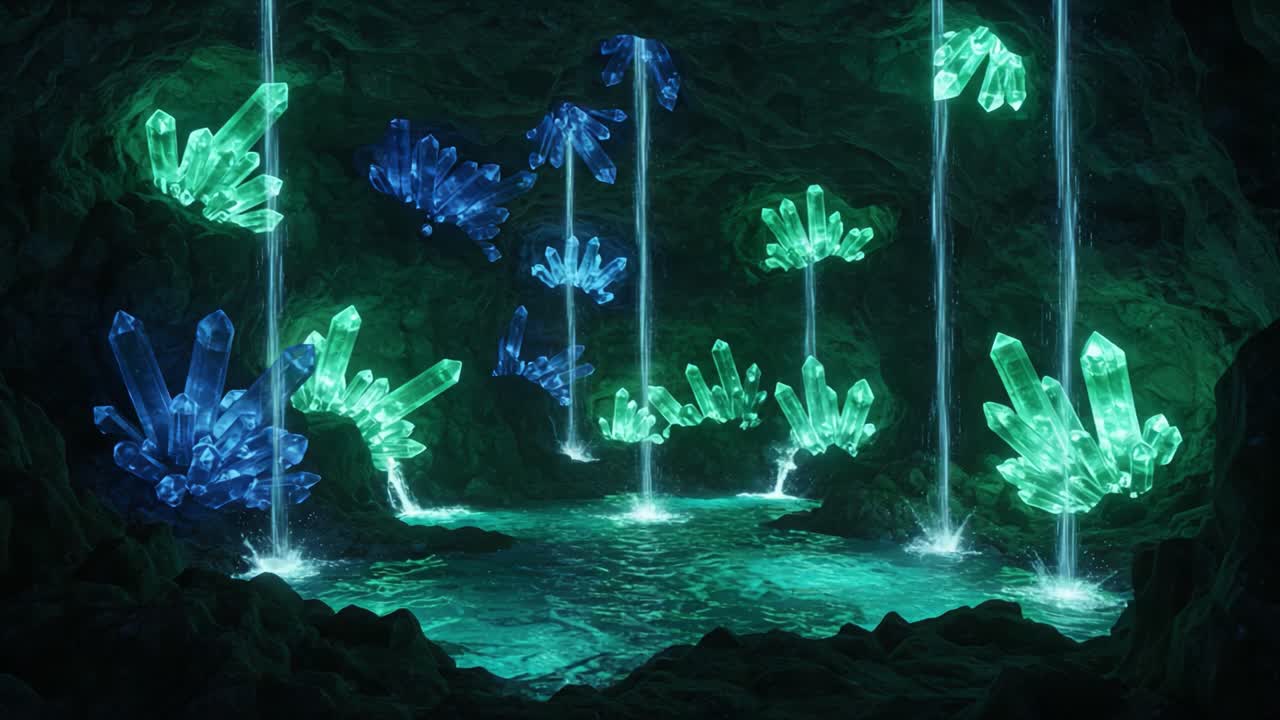 Mystical Underwater Cave with Radiant Crystals and Glowing Waterfalls, Showcasing an Ethereal Atmosphere and Enchanting Gemstone Reflections