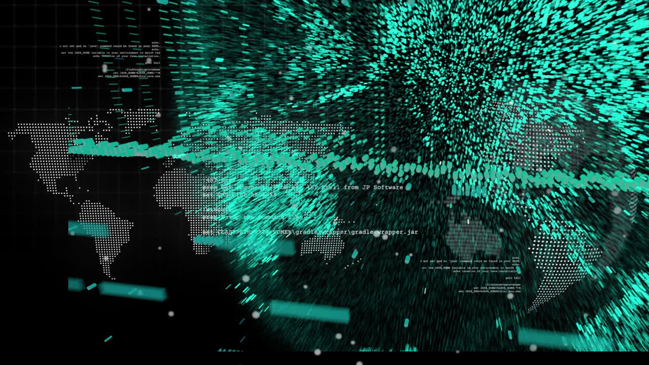Animation of data processing with globe over globe on black background