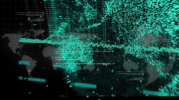 Animation af databehandling med globus over en globus på sort baggrund