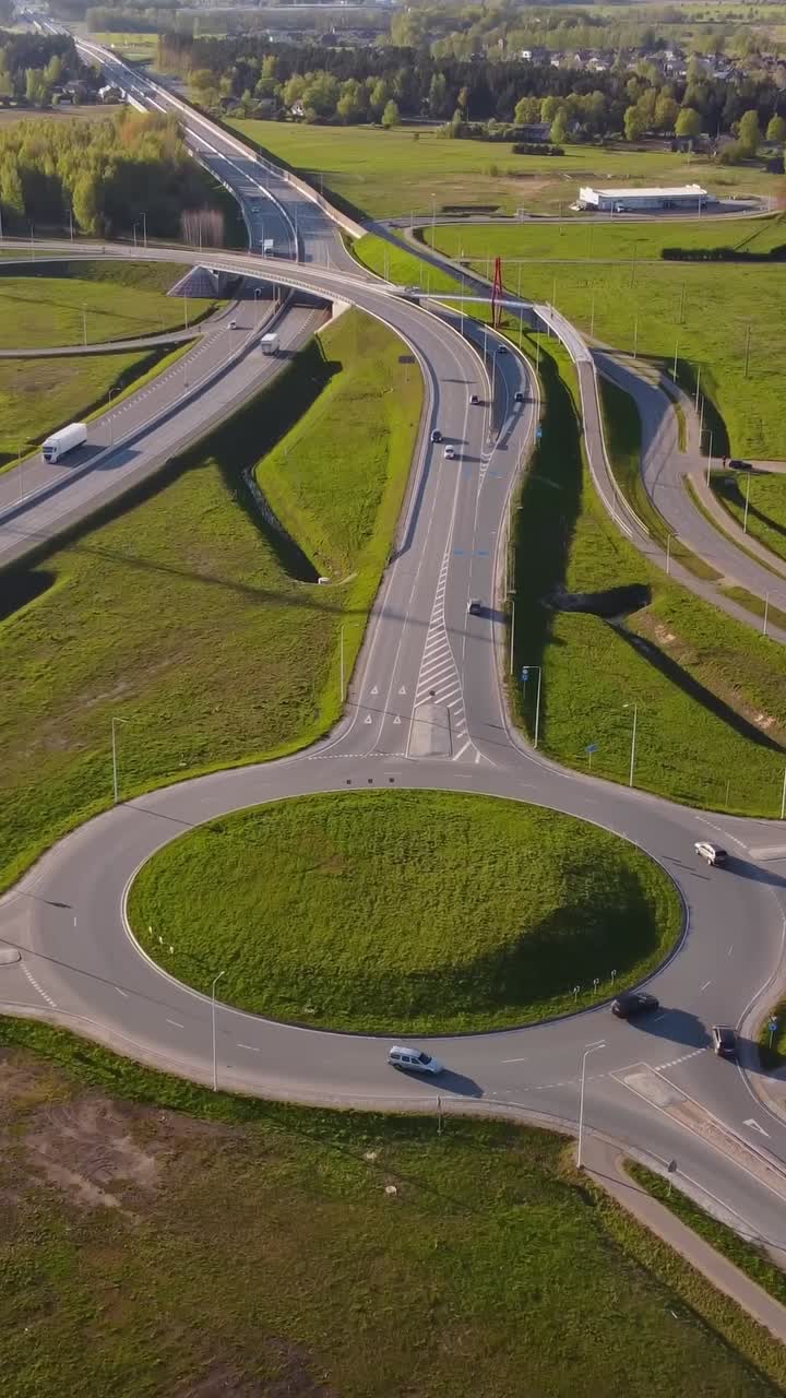 Curved road roundabout seen in asymmetrical high angled down suburban aerial with cars entering and exiting with the flow of traffic