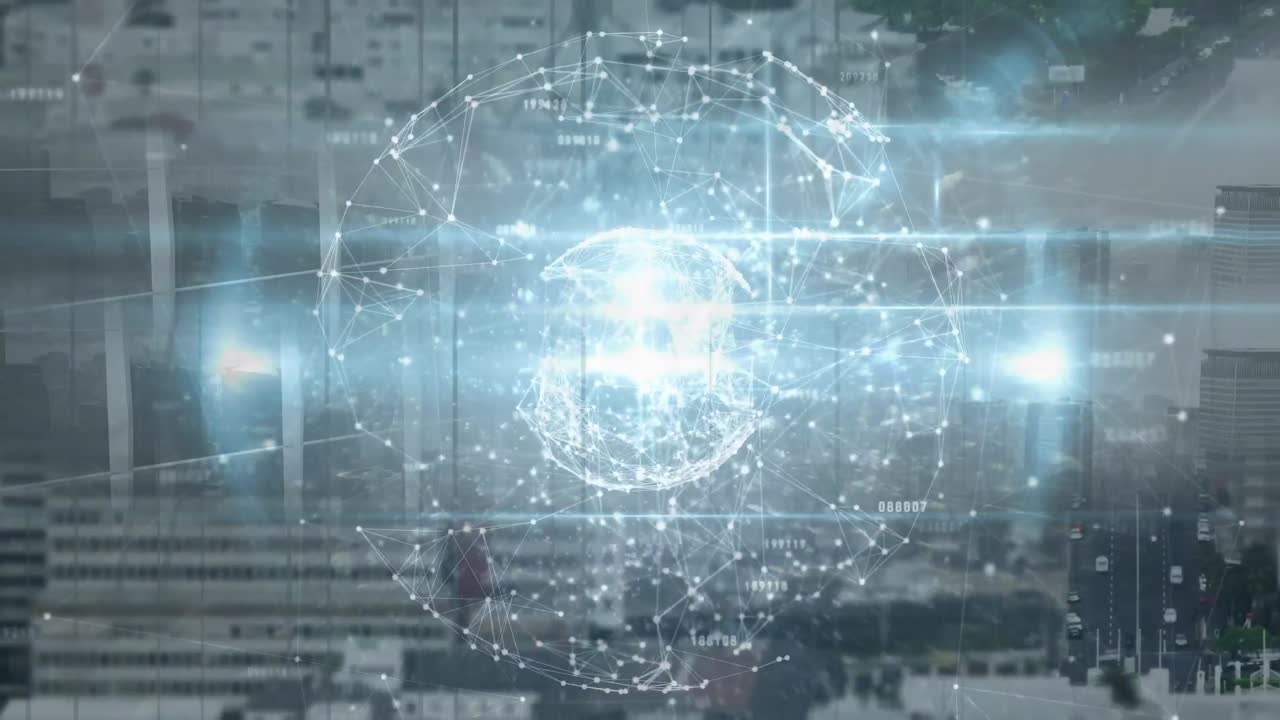Animation of network of connections with globe over cityscape