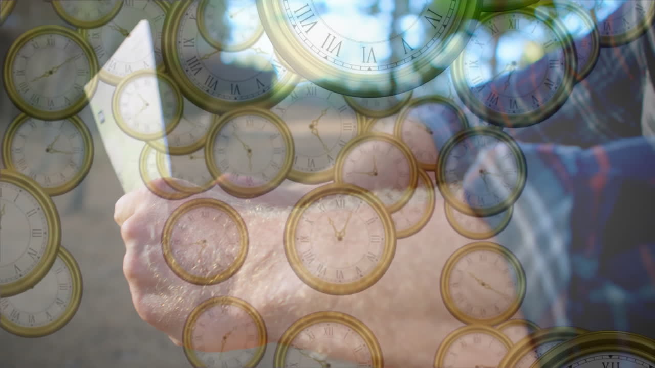 Overlaying clock faces, hands holding book, symbolizing time and knowledge animation