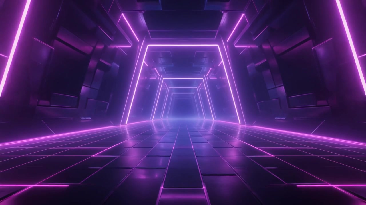 Futuristic Corridor with Glowing Purple Neon Lights