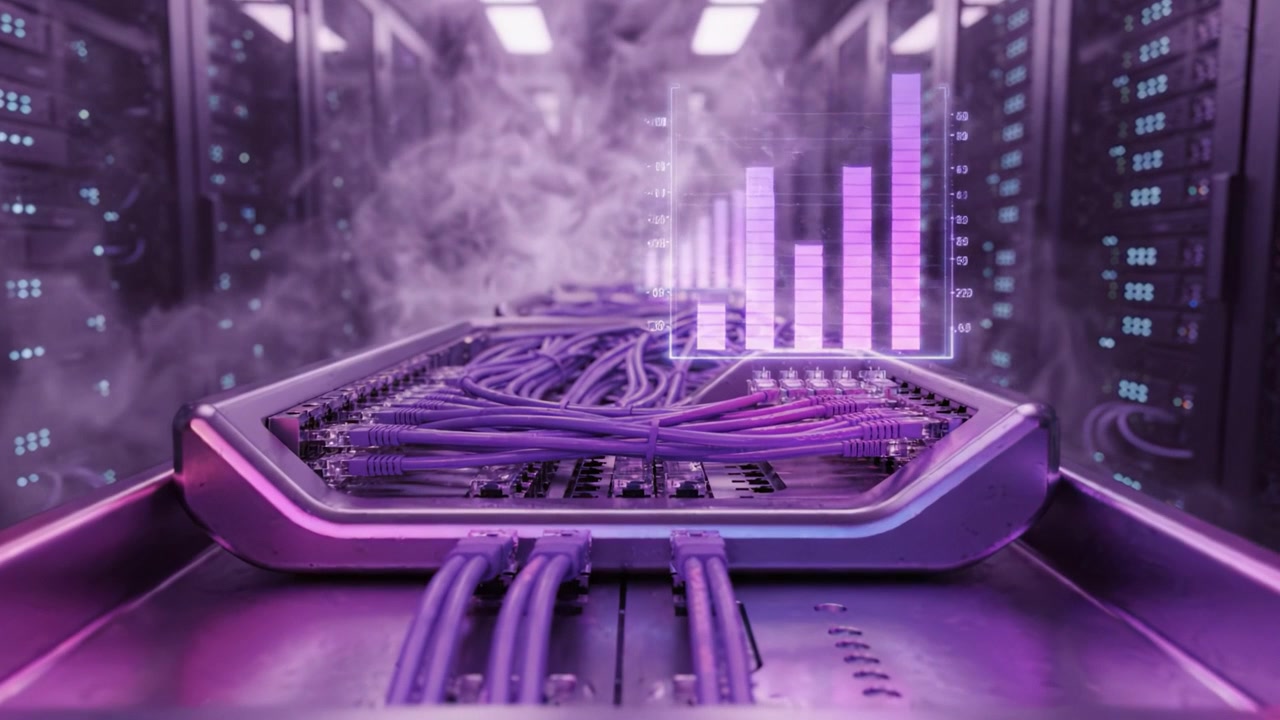 Advanced Data Center Visuals Featuring High-Tech Server Connections and Digital Graph Representations Inside a Modern Networking Environment