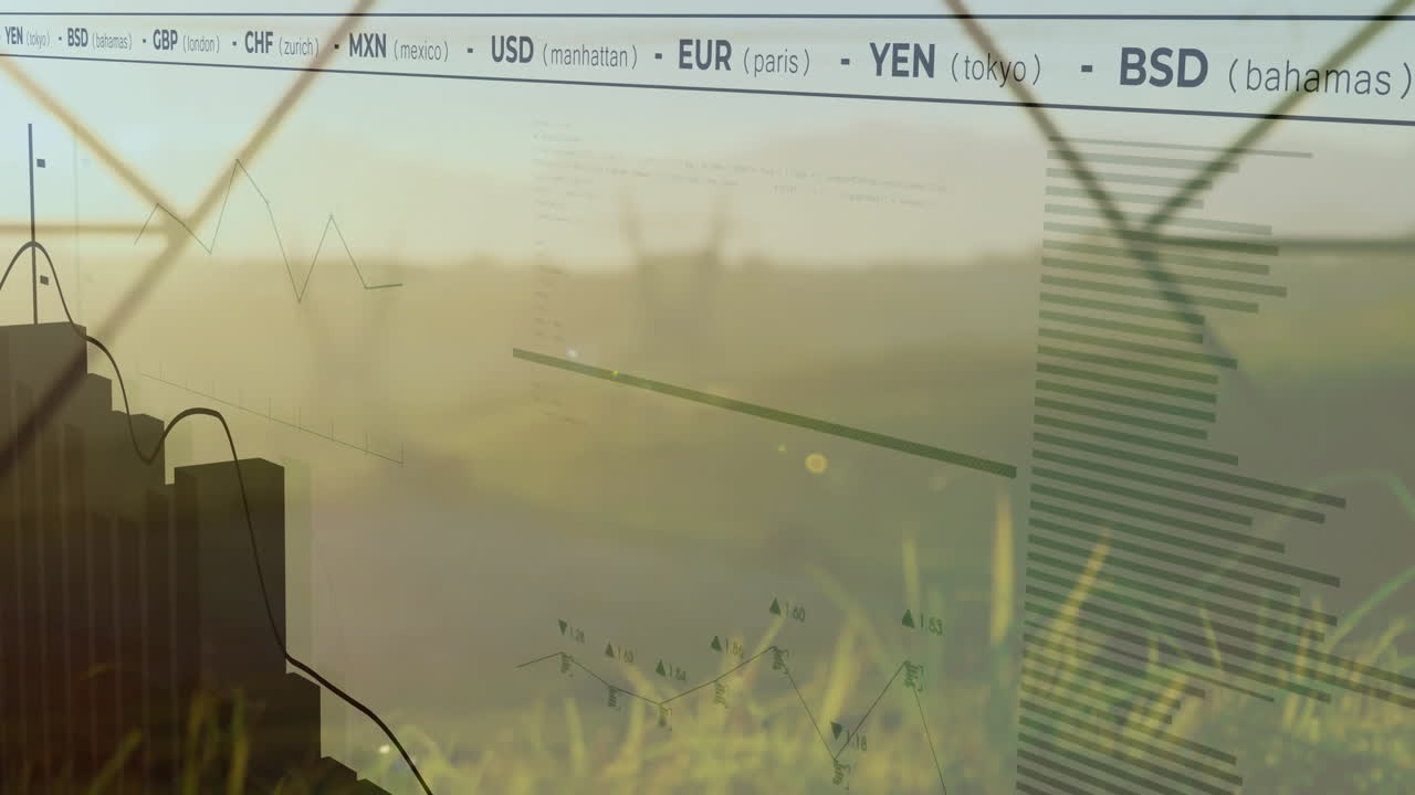 Animation of financial graphs and currency exchange rates over sunny landscape