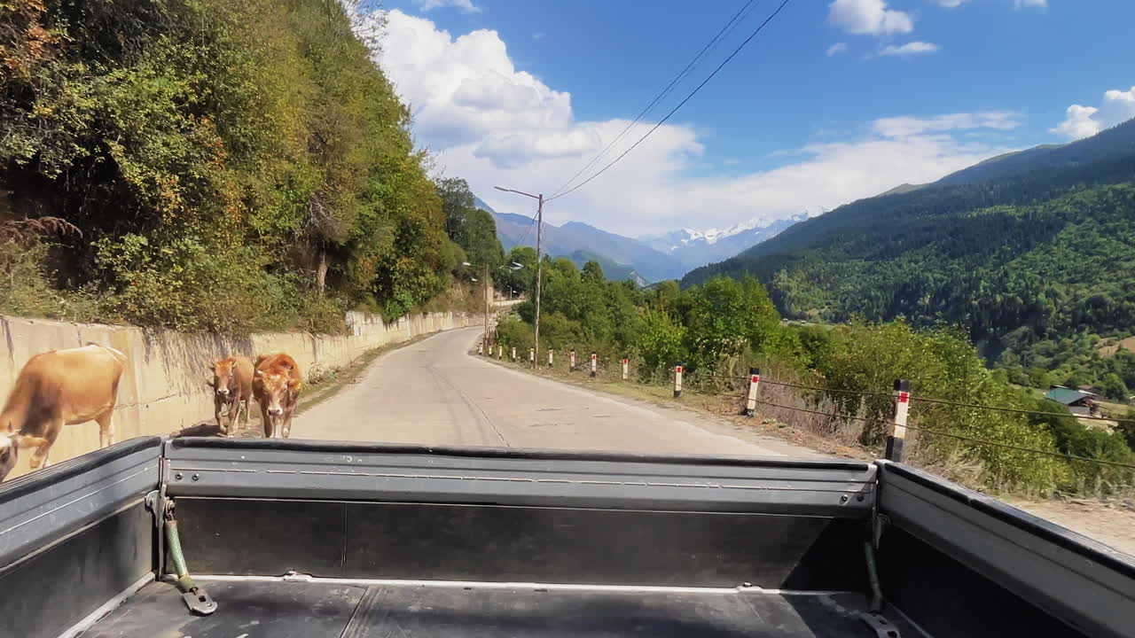 Panorami di una strada di montagna a bordo di un camion