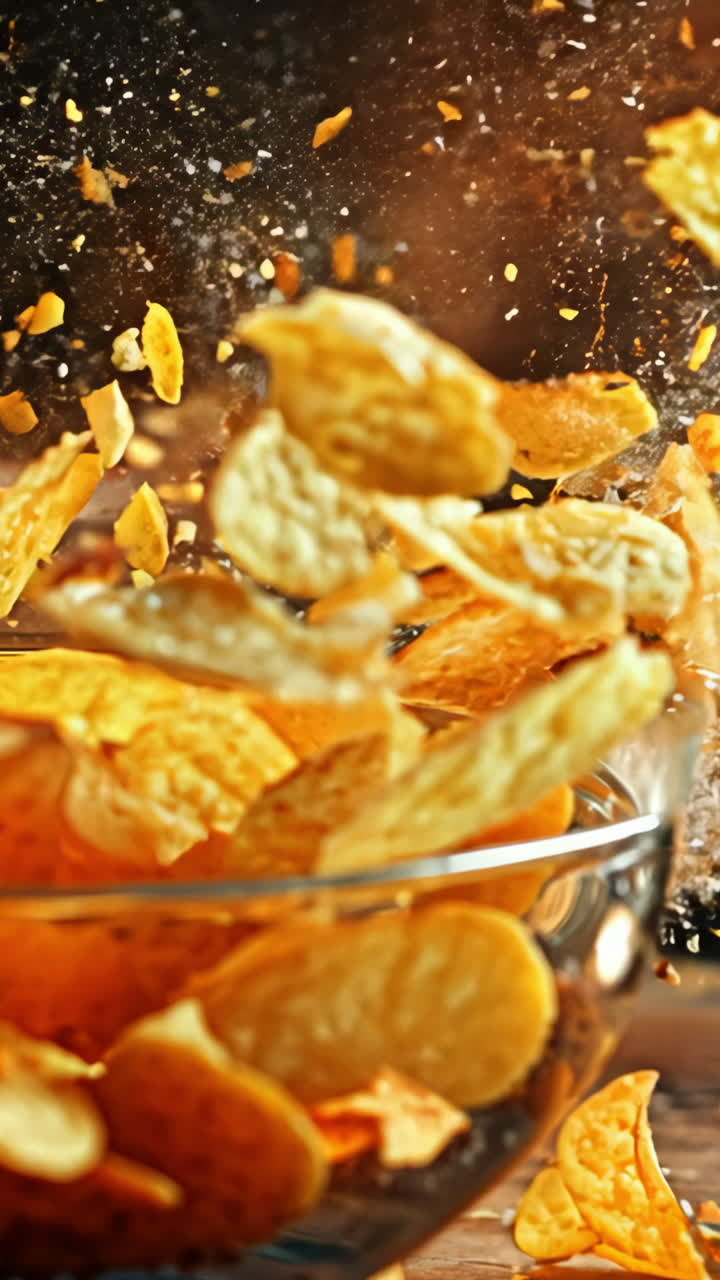 A bowl of potato chips is scattered on a table. The chips are flying out of the bowl, creating a mess