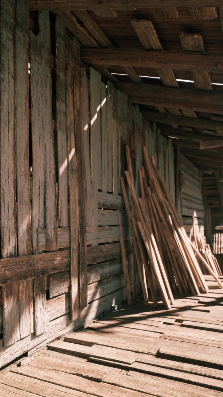 Travi e assi di legno all'interno di un edificio rustico durante il giorno.