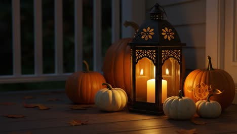 autumnal porch decor with pumpkins and a candle lantern at night