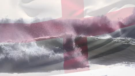 animation of flag of england waving over breaking sea waves